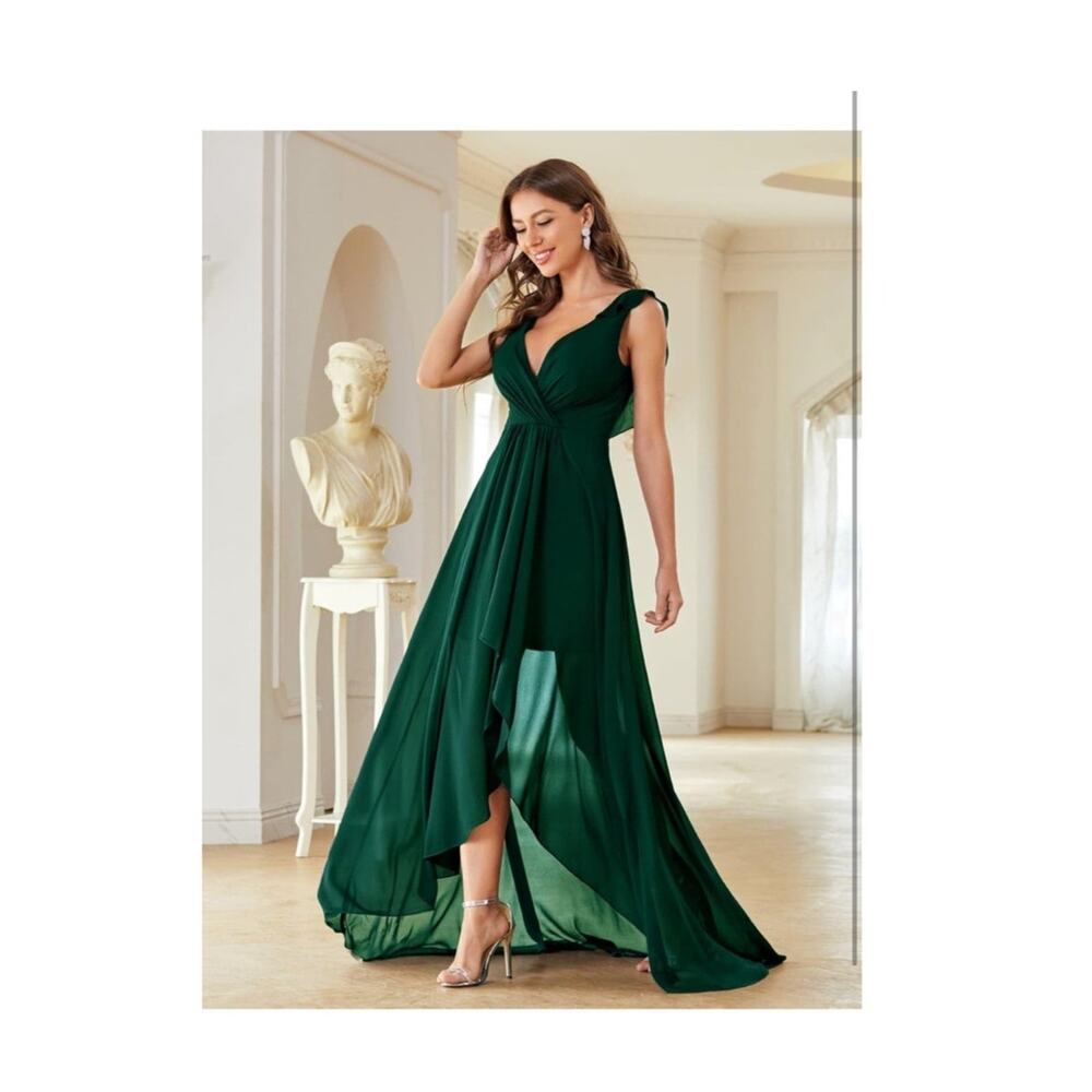 Elegant V Neck Sleeveless Chiffon Ruffled Straps High-Low Maxi Dress Medium